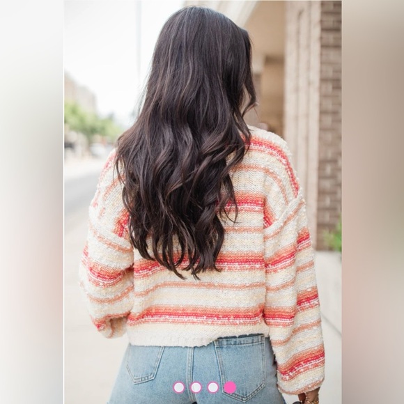 NWOT PINK LILY WOMENS ORANGE AND RED MULTICOLOR STRIPED POPCORN SWEATER - Picture 2 of 9